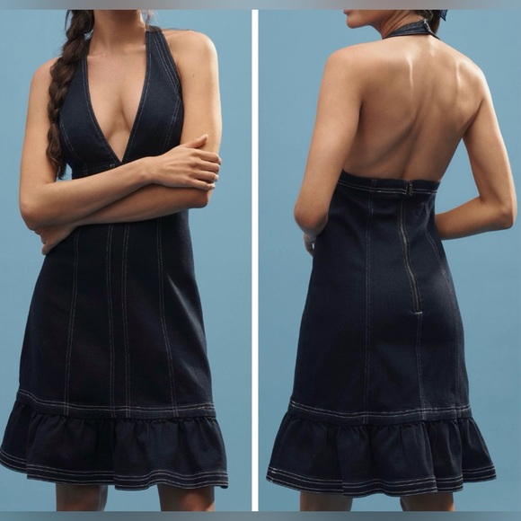 Anthropologie Pilcro Halter Deep-V Open-Back Denim Flounce Mini Dress Size S